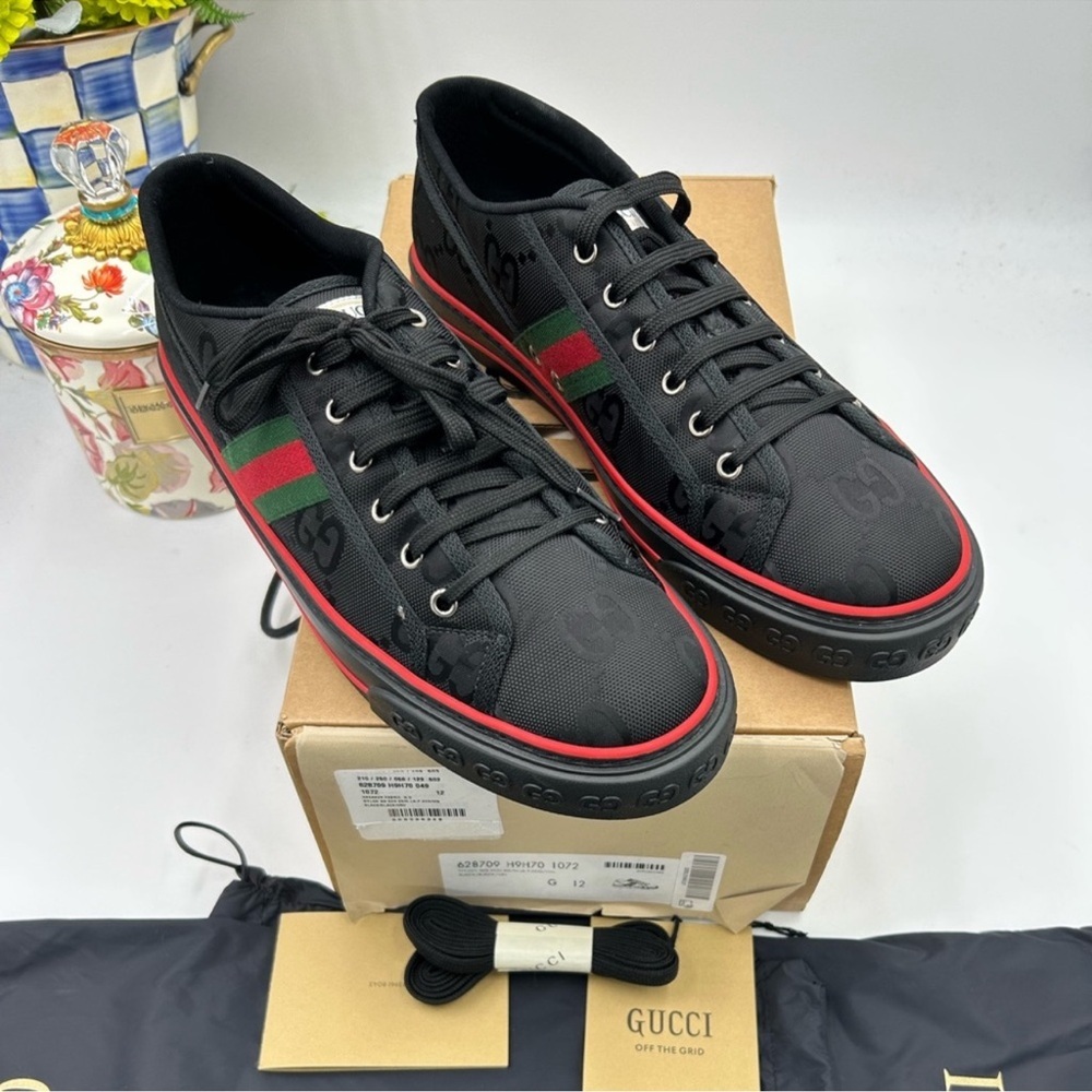 Gucci Black Canvas Sneakers with Red and Green Web Stripe